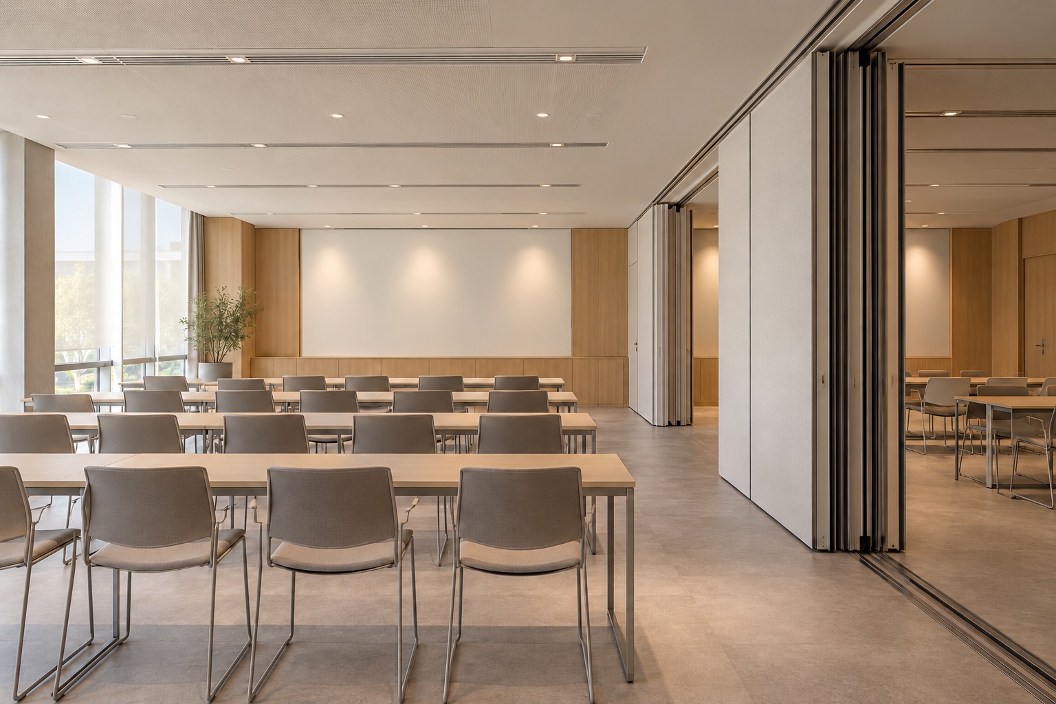 Imagen conceptual generada con IA de una sala de capacitación con mesas modulares y muro móvil en tonos neutros.