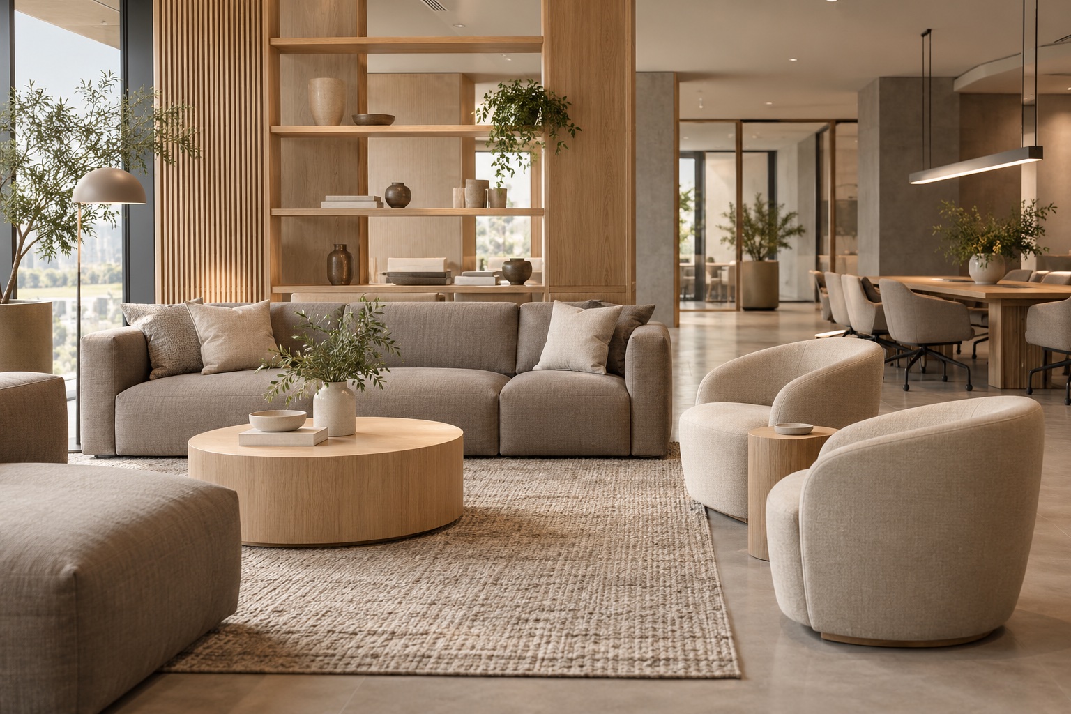 Imagen conceptual generada con IA de un espacio de encuentro con sofás y sillones en tonos arena.