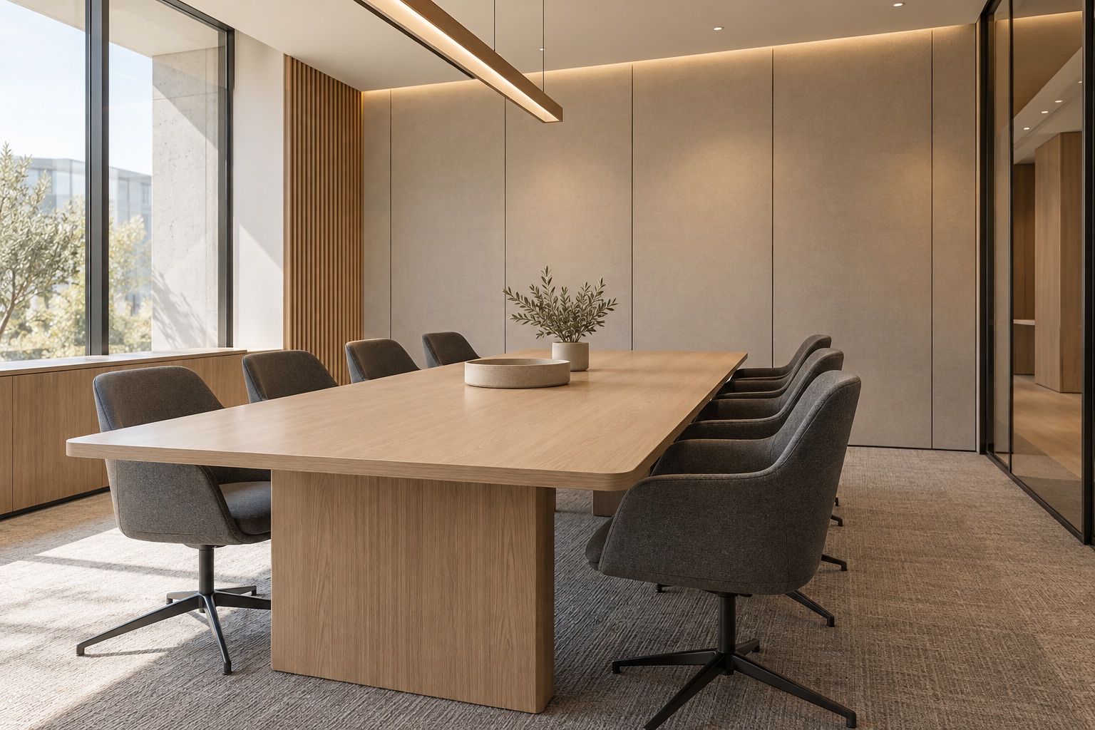 Imagen conceptual generada con IA de una sala de reuniones con mesa de madera clara y sillas grises.